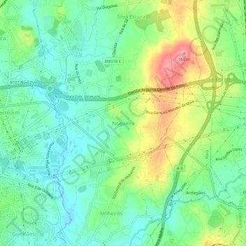 Mapa topográfico Nogueira, altitud, relieve