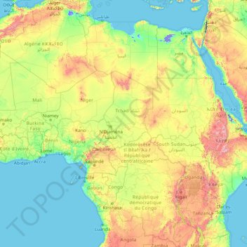 Mapa topográfico Afrika, altitud, relieve