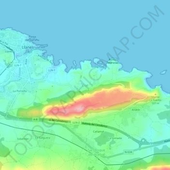 Mapa topográfico Cue, altitud, relieve