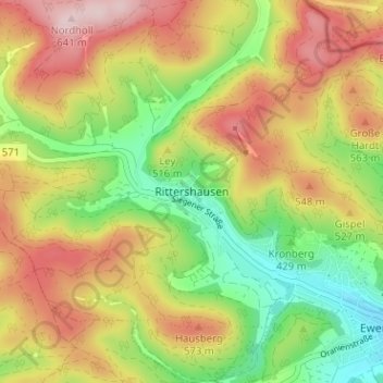 Mapa topográfico Rittershausen, altitud, relieve