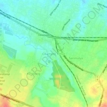 Mapa topográfico Cikampek Timur, altitud, relieve