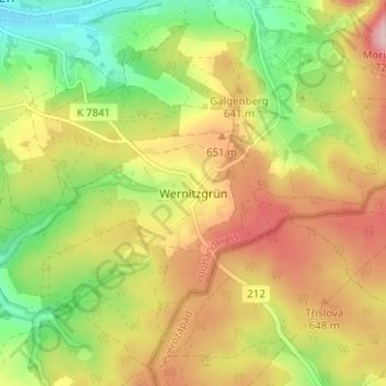 Mapa topográfico Wernitzgrün, altitud, relieve