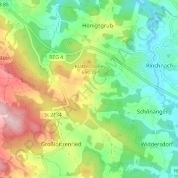 Mapa topográfico Kandlbach, altitud, relieve