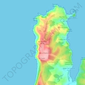 Mapa topográfico Alto Coliumo Norte, altitud, relieve