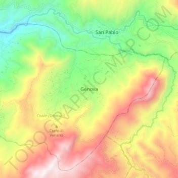 Mapa topográfico Génova, altitud, relieve