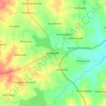 Mapa topográfico Malavalli, altitud, relieve