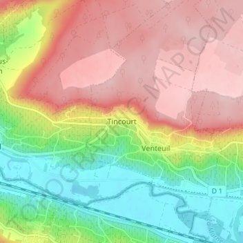 Mapa topográfico Tincourt, altitud, relieve