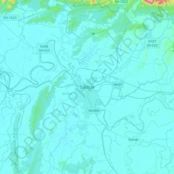 Mapa topográfico Silchar, altitud, relieve