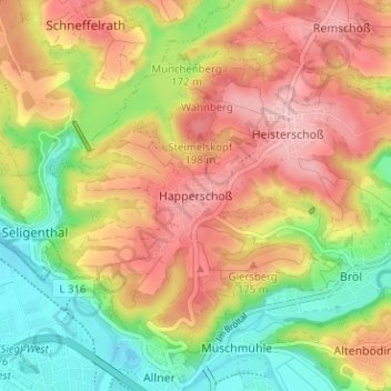 Mapa topográfico Happerschoß, altitud, relieve