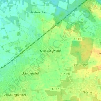 Mapa topográfico Kleinburgwedel, altitud, relieve