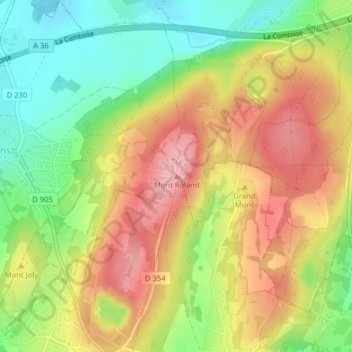 Mapa topográfico Mont Roland, altitud, relieve