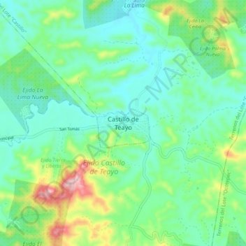 Mapa topográfico Castillo de Teayo, altitud, relieve