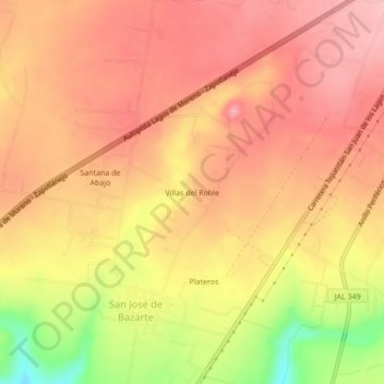 Mapa topográfico Villas del Roble, altitud, relieve