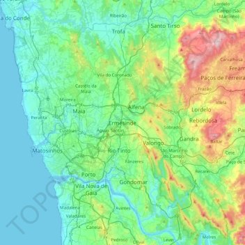 Mapa topográfico Ermesinde, altitud, relieve