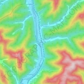 Mapa topográfico Peach Creek, altitud, relieve