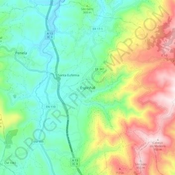 Mapa topográfico Espinhal, altitud, relieve