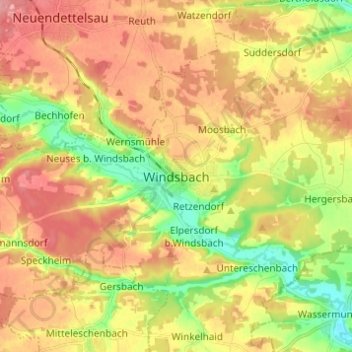 Mapa topográfico Windsbach, altitud, relieve