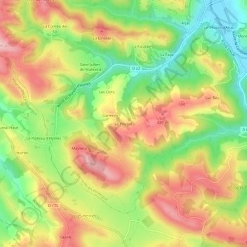 Mapa topográfico Le Pouget, altitud, relieve