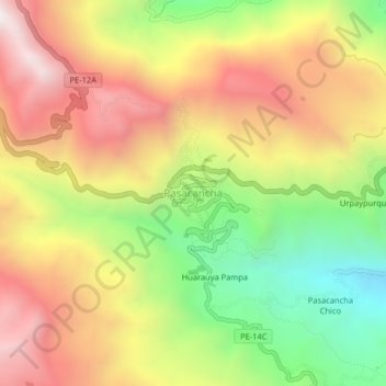 Mapa topográfico Pasacancha, altitud, relieve