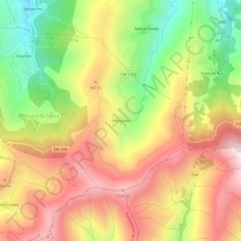 Mapa topográfico Mourísia, altitud, relieve