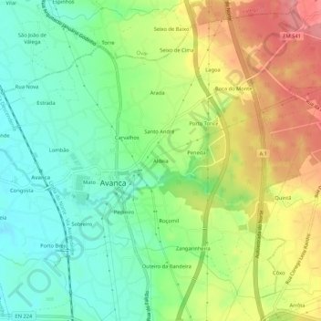 Mapa topográfico Aldeia, altitud, relieve