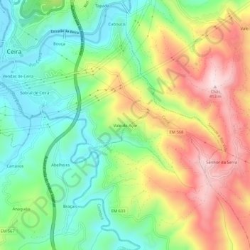 Mapa topográfico Vale do Açor, altitud, relieve