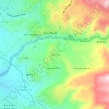 Mapa topográfico Yumina, altitud, relieve