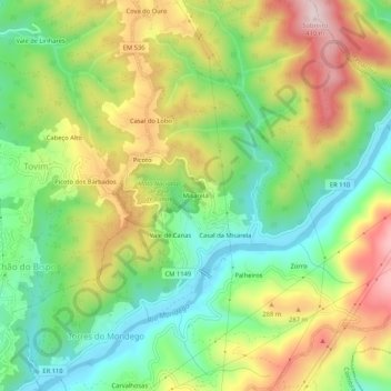 Mapa topográfico Misarela, altitud, relieve