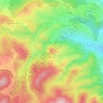 Mapa topográfico La Cride, altitud, relieve