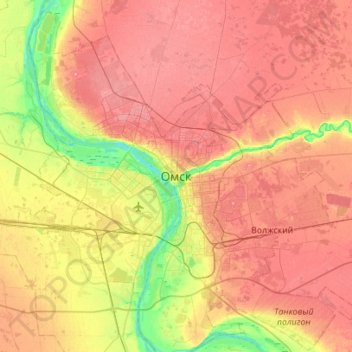 Mapa topográfico Omsk, altitud, relieve