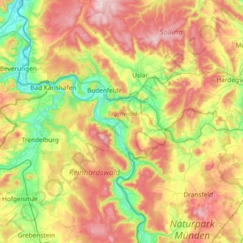 Mapa topográfico Wesertal, altitud, relieve