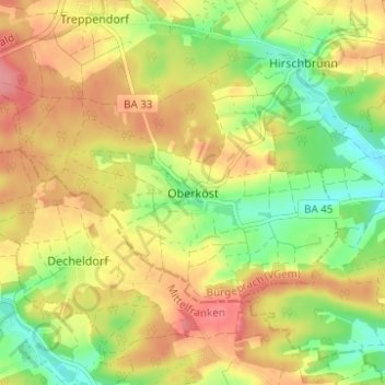 Mapa topográfico Oberköst, altitud, relieve