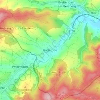 Mapa topográfico Hatterode, altitud, relieve