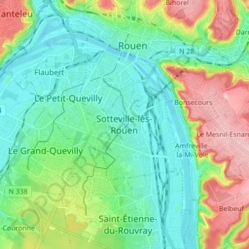 Mapa topográfico Sotteville-lès-Rouen, altitud, relieve