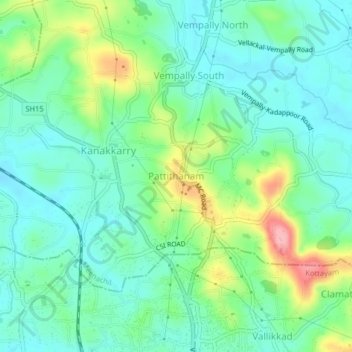 Mapa topográfico Pattithanam, altitud, relieve