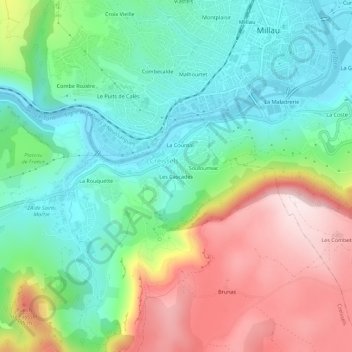 Mapa topográfico Les Cascades, altitud, relieve