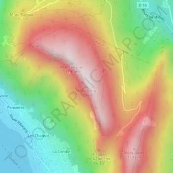 Mapa topográfico Mont Baron, altitud, relieve