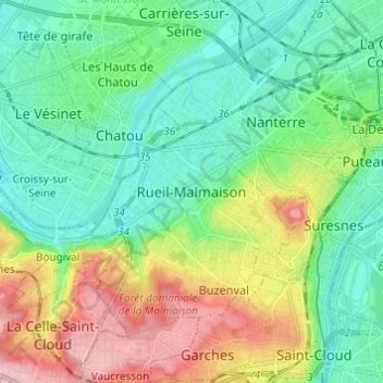 Mapa topográfico Rueil-Malmaison, altitud, relieve