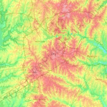 Mapa topográfico Cary, altitud, relieve