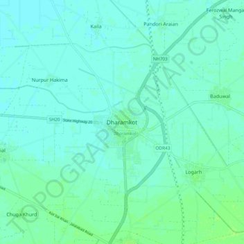 Mapa topográfico Dharamkot, altitud, relieve