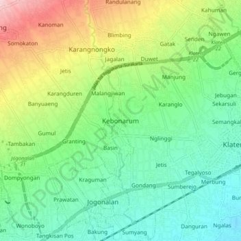 Mapa topográfico Kebonarum, altitud, relieve