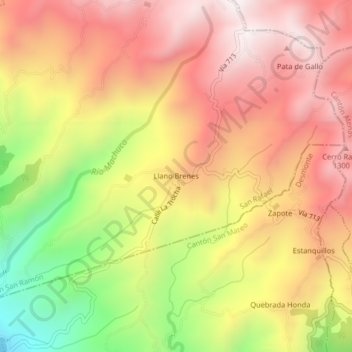 Mapa topográfico Llano Brenes, altitud, relieve