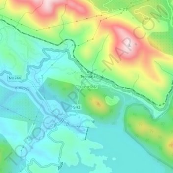 Mapa topográfico Thenmala, altitud, relieve