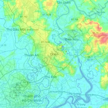 Mapa topográfico Dĩ An, altitud, relieve