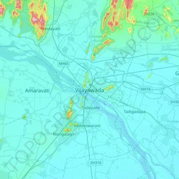 Mapa topográfico Vijayawada, altitud, relieve