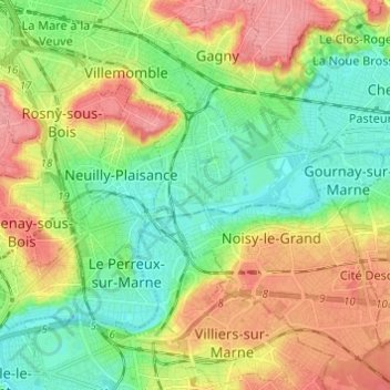 Mapa topográfico Neuilly-sur-Marne, altitud, relieve