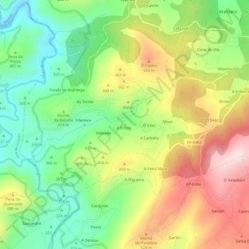 Mapa topográfico Brántega, altitud, relieve