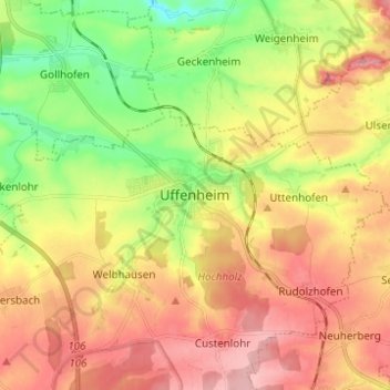 Mapa topográfico Uffenheim, altitud, relieve
