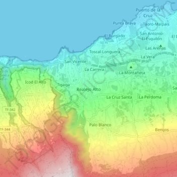 Mapa topográfico Realejo Alto, altitud, relieve