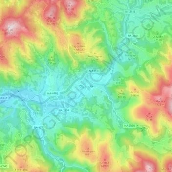 Mapa topográfico Elizondo, altitud, relieve